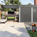 12x4 FT Metal Lean To Shed with Pergola, 2 in 1 Outdoor Storage Shed with Lockable Door