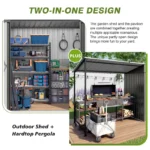 12x4 FT Metal Lean To Shed with Pergola, 2 in 1 Outdoor Storage Shed with Lockable Door