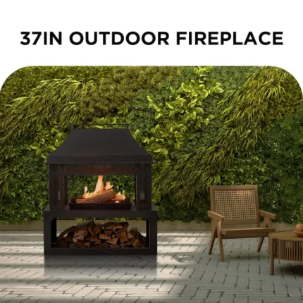 32 inch Durable Steel Rectangular Freestanding Wood Burning Fireplace with Log Rack