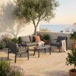 4-piece All-aluminum Outdoor Conversation Set – Olefin Cushions & Pebble Tempered Glass Coffee Table