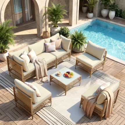 7 Piece Patio Furniture Set, Outdoor Wicker Modular Sectional Patio Conversation Set With Thicker Cushion & Tempered Glass Coffee Table For Backyard
