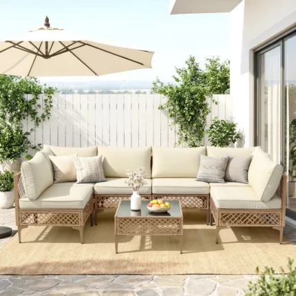 7 Piece Patio Furniture Set, Outdoor Wicker Modular Sectional Patio Conversation Set