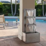 Alpine Corporation 43" Metal Tiered Waterfall Fountain, Industrial Outdoor Water Feature, Gray