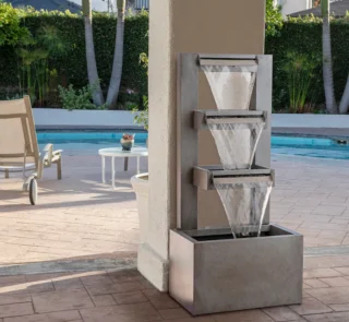 Alpine Corporation 43" Metal Tiered Waterfall Fountain, Industrial Outdoor Water Feature, Gray