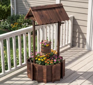 Arlmont & Co. Outdoor Wooden Wishing Well Bucket Flower Plants Plants