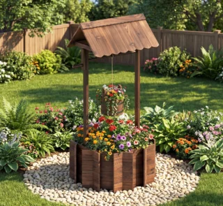 Arlmont & Co. Outdoor Wooden Wishing Well Bucket Flower Plants Planter Patio Garden Home Decor