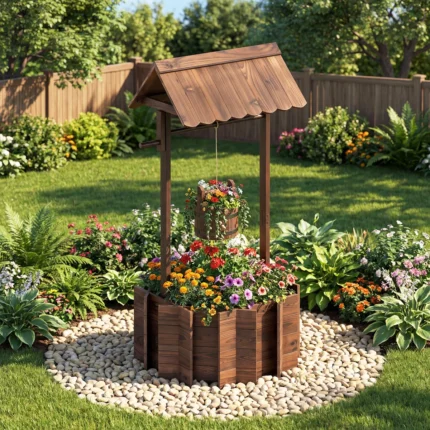 Arlmont & Co. Outdoor Wooden Wishing Well Bucket Flower Plants Planter Patio Garden Home Decor