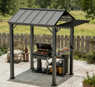 Bridget 6' X 8' Aluminium Hardtop Patio Grill Gazebo,Galvanized Steel Gable Roof With Bar Couter And Trellis Roof