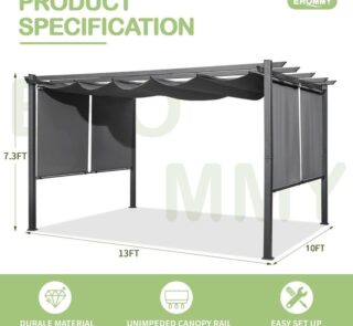 EROMMY 10' x 13' Outdoor Pergola with Retractable Canopy, Aluminum Frame, Patio Metal Shelter with Sun Shade