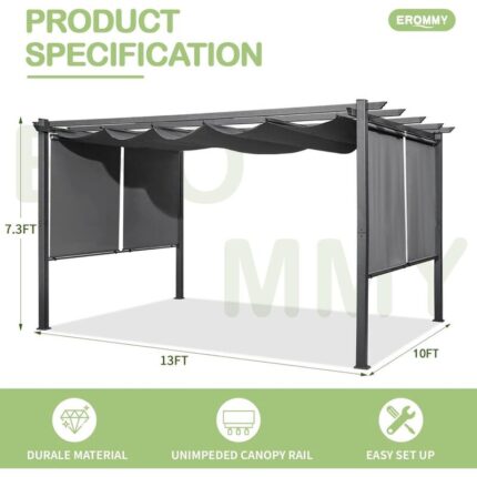 EROMMY 10' x 13' Outdoor Pergola with Retractable Canopy, Aluminum Frame, Patio Metal Shelter with Sun Shade