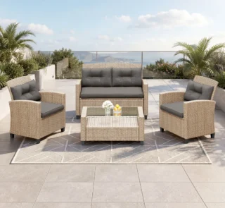 Jett 4 - Person Wicker / Rattan Outdoor Sofa Seating Group with Glass-Top Shelf-Storage Table