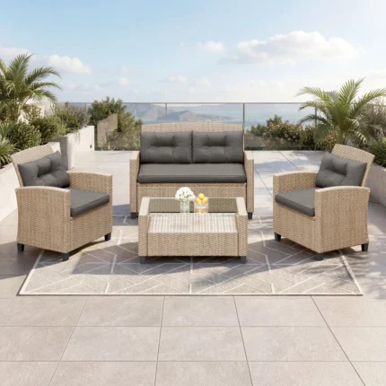 Jett 4 - Person Wicker / Rattan Outdoor Sofa Seating Group with Glass-Top Shelf-Storage Table